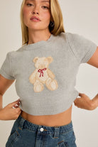 Short Sleeve Crew Neck Teddy Bear Sweater Crop Top - Le Lis - RARA Boutique 