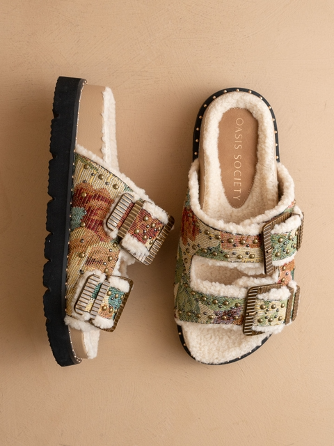Studded Floral Tapestry Sherpa Lined Buckle Slide Sandals - Oasis Society - RARA Boutique 