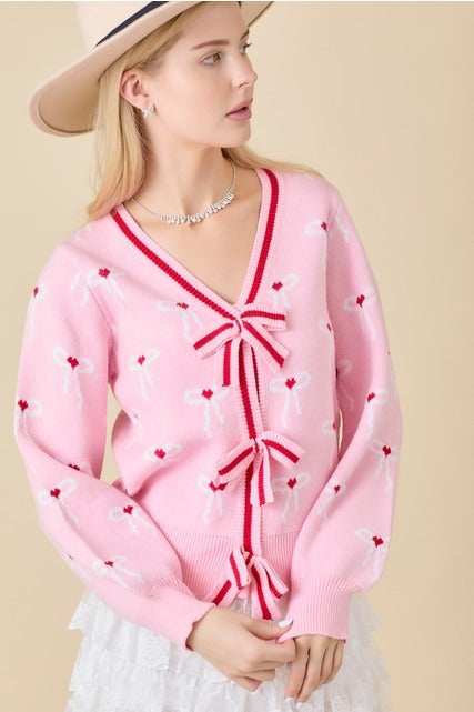 Ribbon Bow Print Striped Cardigan - Main Strip - RARA Boutique 