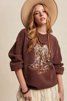 Sequin Bow Western Cowboy Boots Embroidered Sweater - Listicle - RARA Boutique 