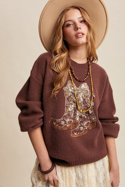 Sequin Bow Western Cowboy Boots Embroidered Sweater - Listicle - RARA Boutique 