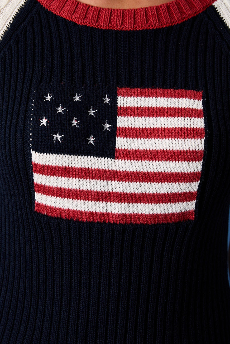 American flag raglan knit blouse with short sleeves from RARA Boutique, featuring a casual patriotic style.