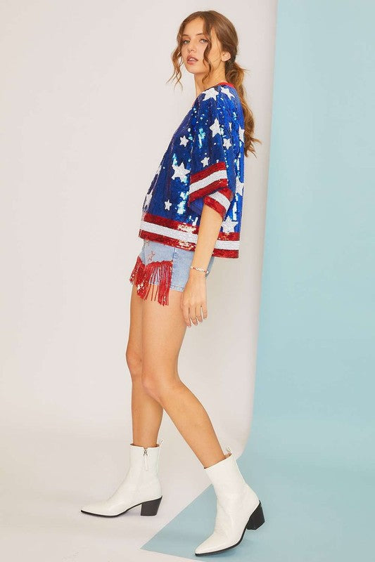 4th of July Star Print Sequin Crop Top - RARA Boutique 