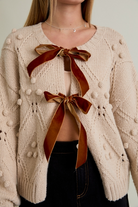 Velvet Bow Front Pom Pom Knit Chunky Cardigan - Le Lis - RARA Boutique 