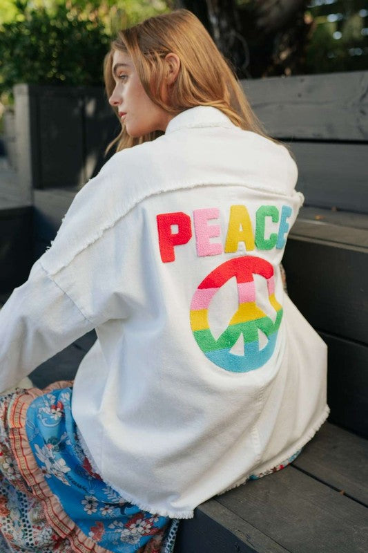 Multicolor Peace Sign Patch Letter Frayed Hem Shirt - RARA Boutique 