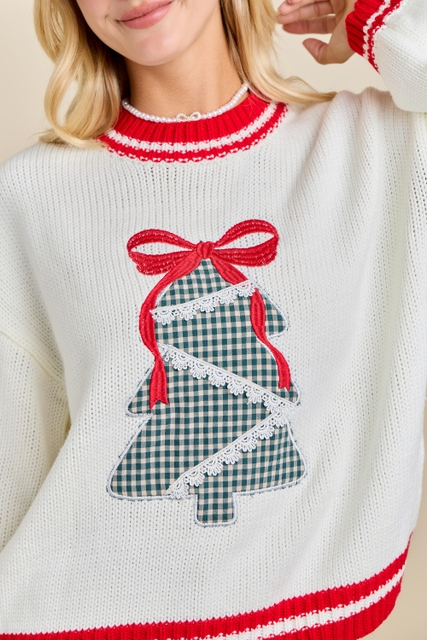 Gingham Christmas Tree Patchwork Sweater with Embroidered Bow - Main Strip - RARA Boutique 