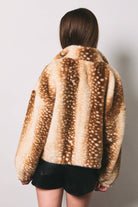 LE LIS faux deer print high neck zip jacket featuring a stylish pattern and high collar, displayed on a mannequin.