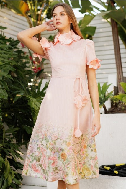 3D Floral Trim High Neck Short Sleeve Midi Dress - EB Luxe - RARA Boutique 