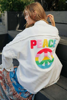 Multicolor Peace Sign Patch Letter Frayed Hem Shirt - RARA Boutique 