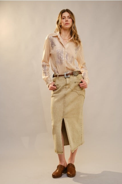 Western Embroidered Sequin Button Down Shirt - Blue B - RARA Boutique 