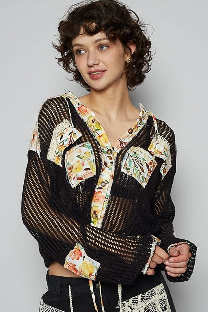 RARA Boutique floral patch open-knit crochet hoodie jacket with colorful floral embroidery and casual design.