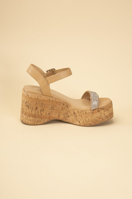 Rhinestone Strap Cork Wedges - RARA Boutique 