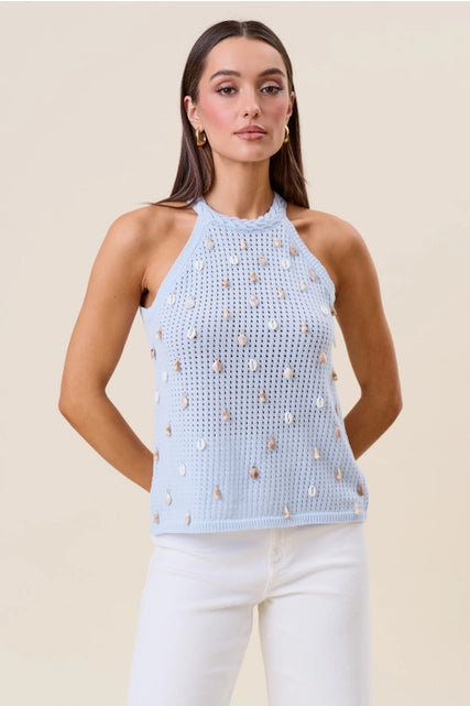 RARA Boutique seashell embellished open-knit halter tank top with a stylish, breezy design and shell details visible in the image.