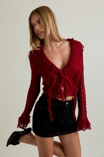 Ruffle Detail Lace V-Neck Top with Bell Sleeves - Le Lis - RARA Boutique 