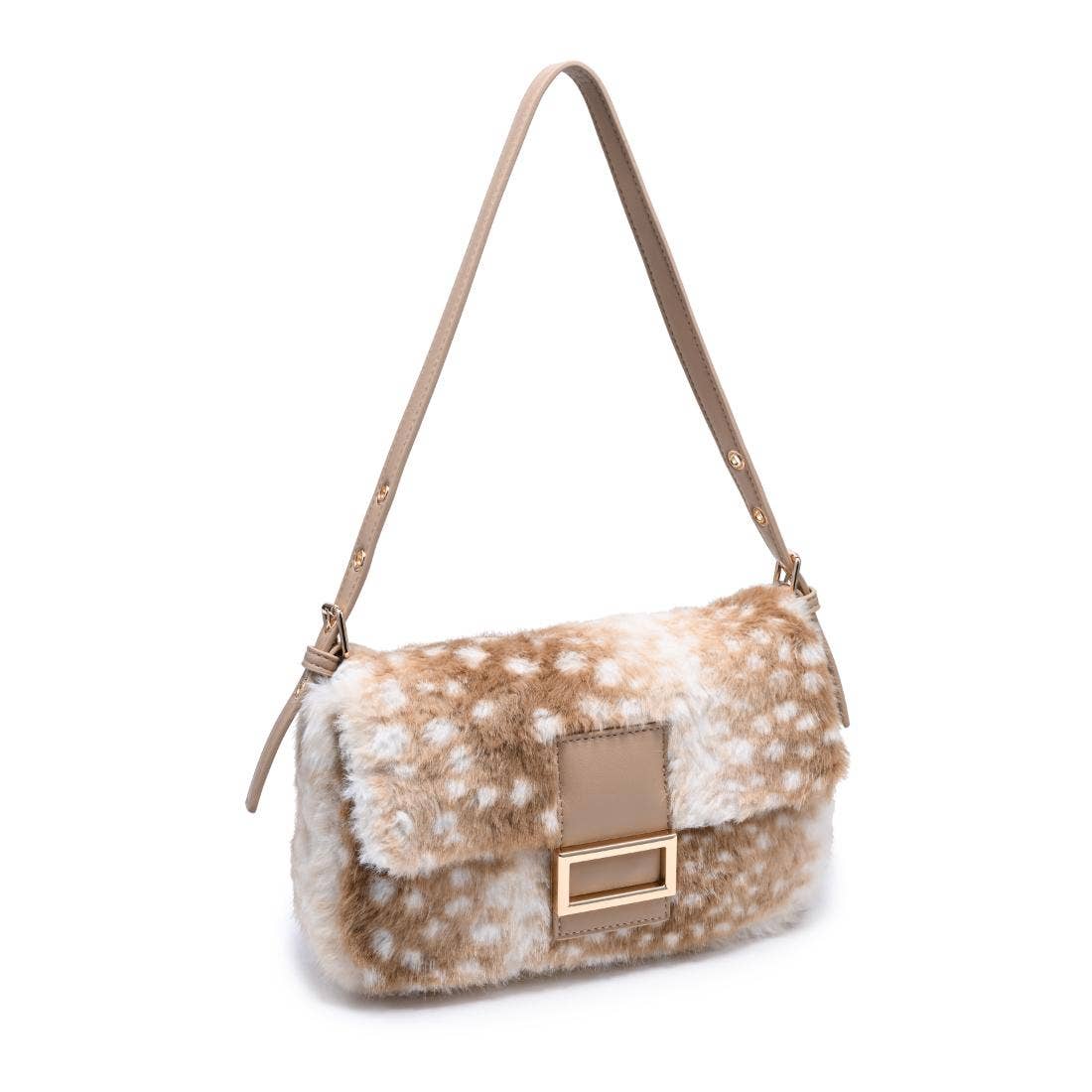 Urban Expressions Tuesday Beverly deer print fur crossbody bag with adjustable strap and unique animal design.