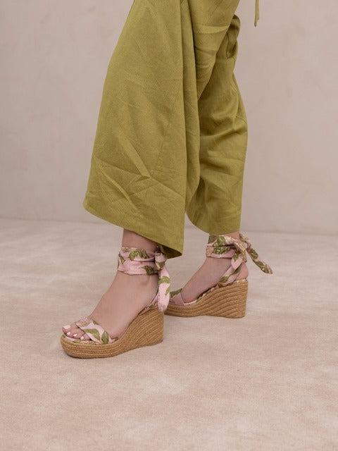 RARA Boutique Rose Garden floral espadrille wrap wedge sandals with colorful floral patterns and tan jute wedge heel.