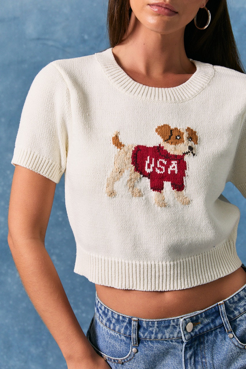 USA Dog graphic short-sleeve cropped sweater top by Le Lis, stylish knit sweater with patriotic dog design, perfect for casual wear.