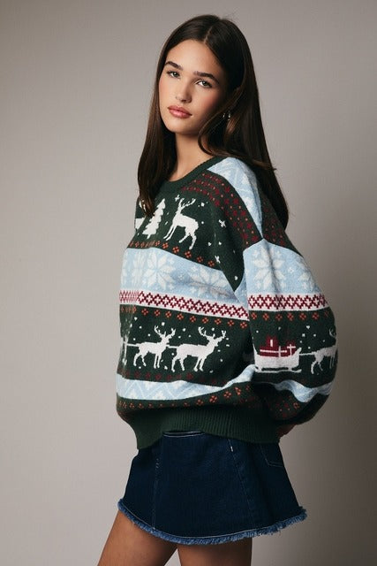 Reindeer Fair Isle Balloon Sleeve Christmas Sweater - Sunday Edition - RARA Boutique 