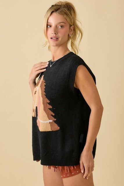 Western Horse Oversized Sleeveless Sweater Vest Top - Main Strip - RARA Boutique 