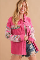 Aztec Contrast Sleeve Corduroy Button Up Shirt Jacket - Blue B - RARA Boutique 