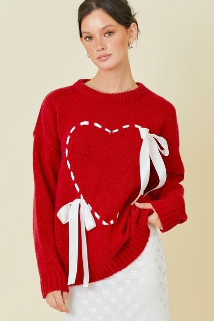 Lace Up Ribbon Heart Sweater with Bows - Main Strip - RARA Boutique 