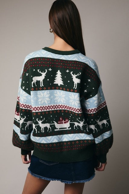 Reindeer Fair Isle Balloon Sleeve Christmas Sweater - Sunday Edition - RARA Boutique 