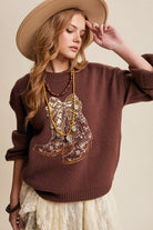 Sequin Bow Western Cowboy Boots Embroidered Sweater - Listicle - RARA Boutique 