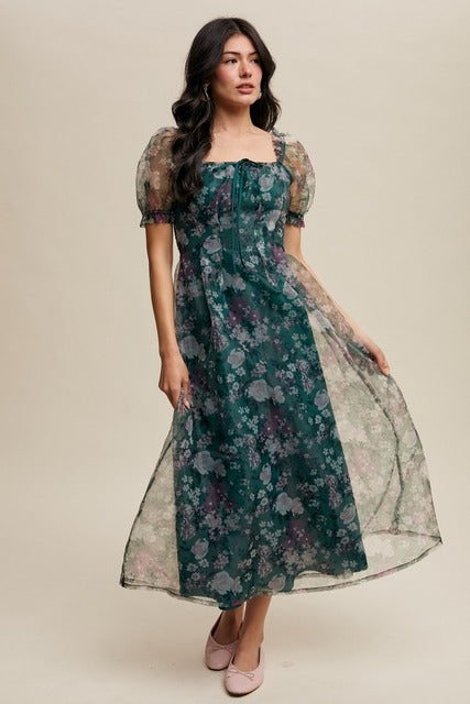Organza Puff Sleeve Floral Print Maxi Dress - Listicle - RARA Boutique 