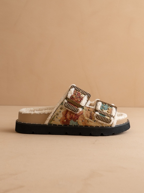 Studded Floral Tapestry Sherpa Lined Buckle Slide Sandals - Oasis Society - RARA Boutique 