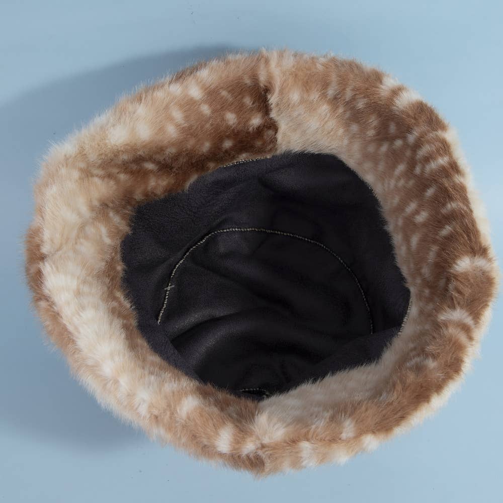 Spotted plush fawn fur bucket hat by Collections by Fame Accessories showing soft, textured animal print fabric.