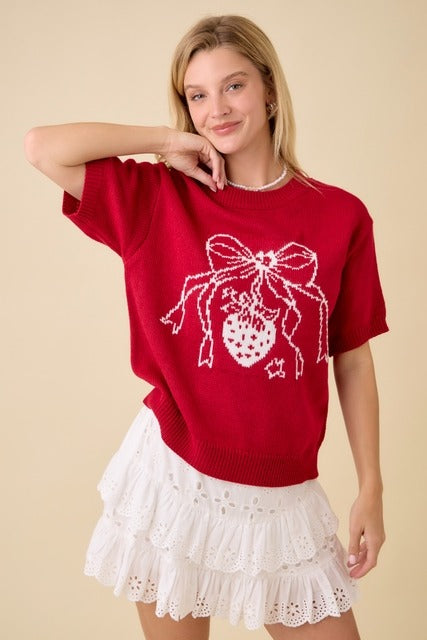 Strawberry Bow Boxy Sweater Knit Short Sleeve Top - Main Strip - RARA Boutique 