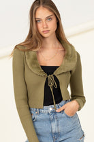 fur Trim Tie Front Ribbed Cardigan- HYFVE - RARA Boutique 