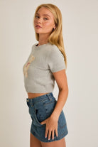 Short Sleeve Crew Neck Teddy Bear Sweater Crop Top - Le Lis - RARA Boutique 