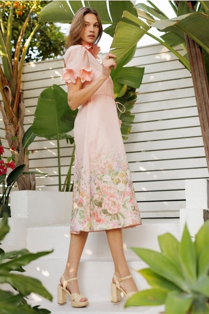 3D Floral Trim High Neck Short Sleeve Midi Dress - EB Luxe - RARA Boutique 