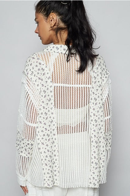 Floral Gauze Patch Crochet Button Down Shirt - POL - RARA Boutique 