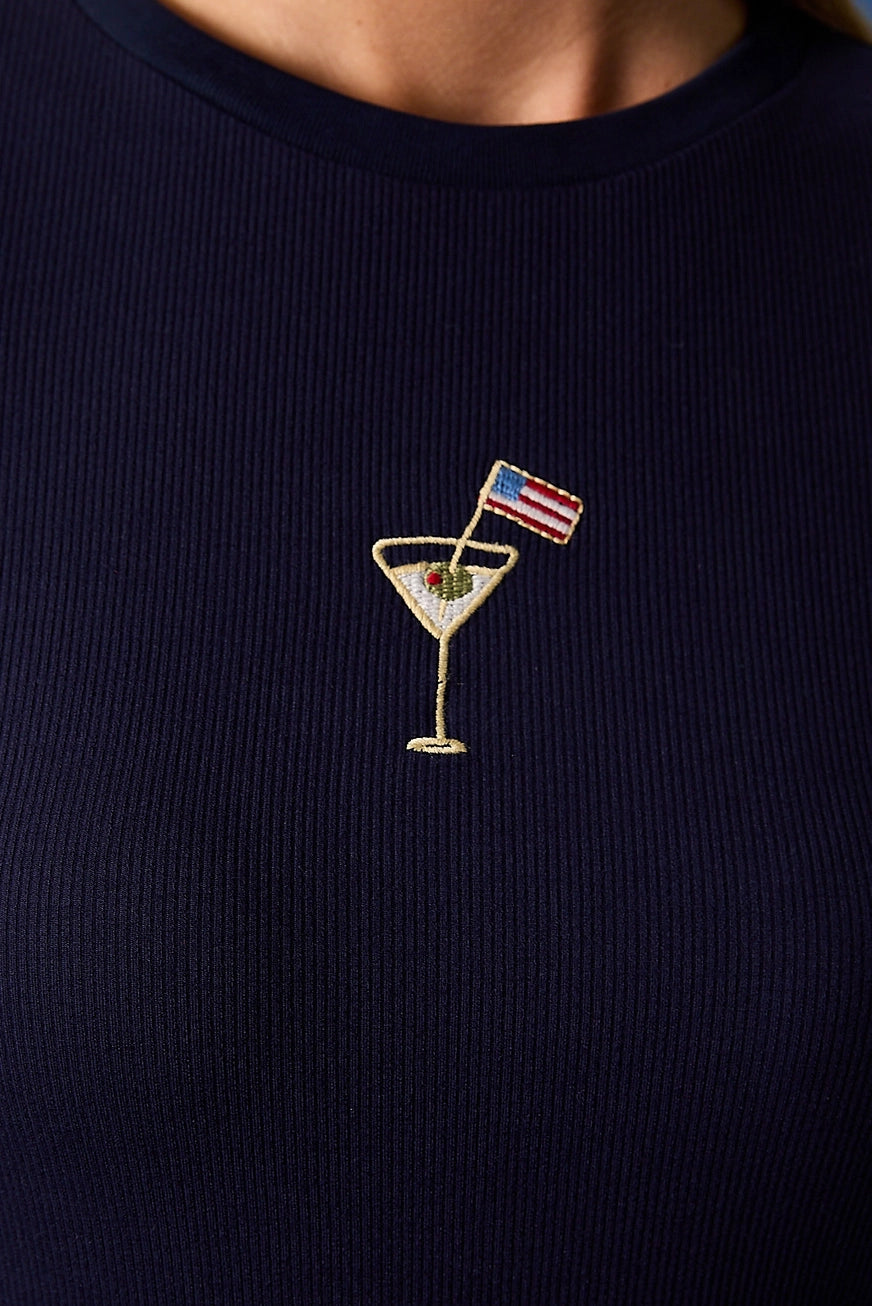RARA Boutique embroidered American flag martini cocktail ribbed baby tee, casual shirt featuring patriotic design and comfortable fit.