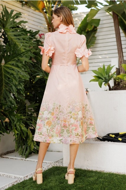 3D Floral Trim High Neck Short Sleeve Midi Dress - EB Luxe - RARA Boutique 