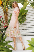 3D Floral Trim High Neck Short Sleeve Midi Dress - EB Luxe - RARA Boutique 