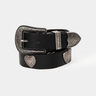 Western etched flower heart vegan leather belt with floral design and heart-shaped buckle from Collections by Fame Accessories.