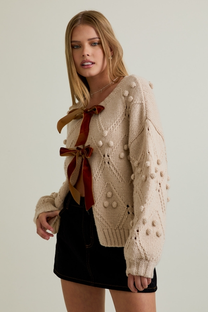 Velvet Bow Front Pom Pom Knit Chunky Cardigan - Le Lis - RARA Boutique 