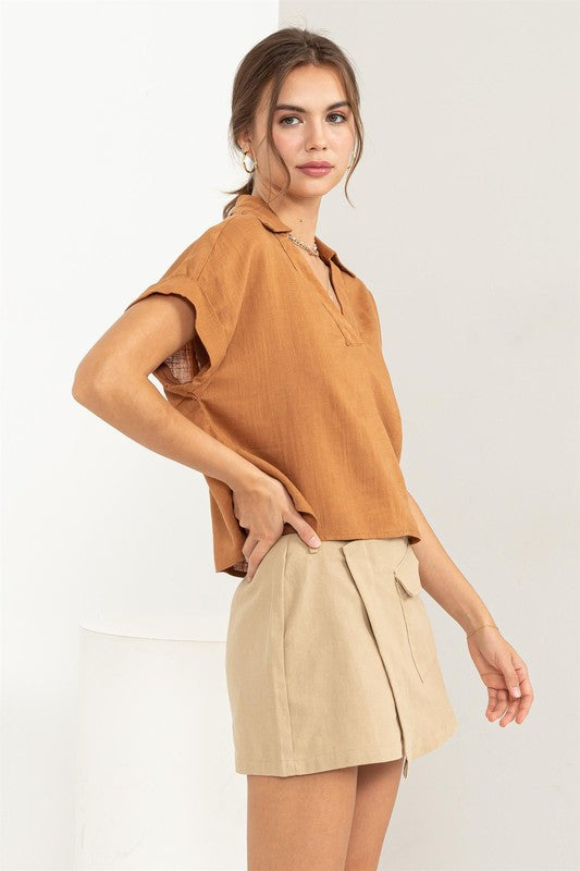 Collared Short Sleeve Linen Top - RARA Boutique 