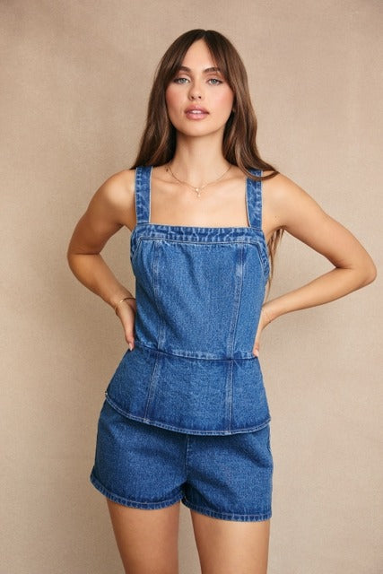 Peplum Top Denim Romper with Tie Back - Le Lis - RARA Boutique 
