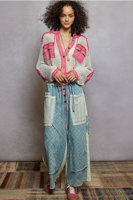 Open Knit Contrast Hooded Shacket with Frayed Edges - POL - RARA Boutique 