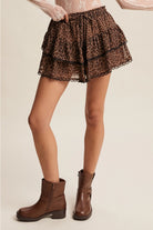 Leopard tiered ruffle lace trim skort from RARA Boutique featuring layered fabric and stylish animal print design.