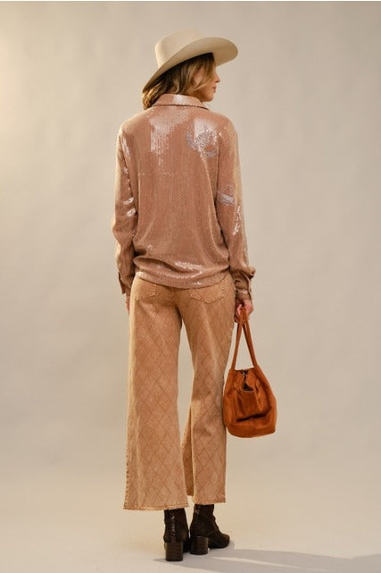 Western Embroidered Sequin Button Down Shirt - Blue B - RARA Boutique 