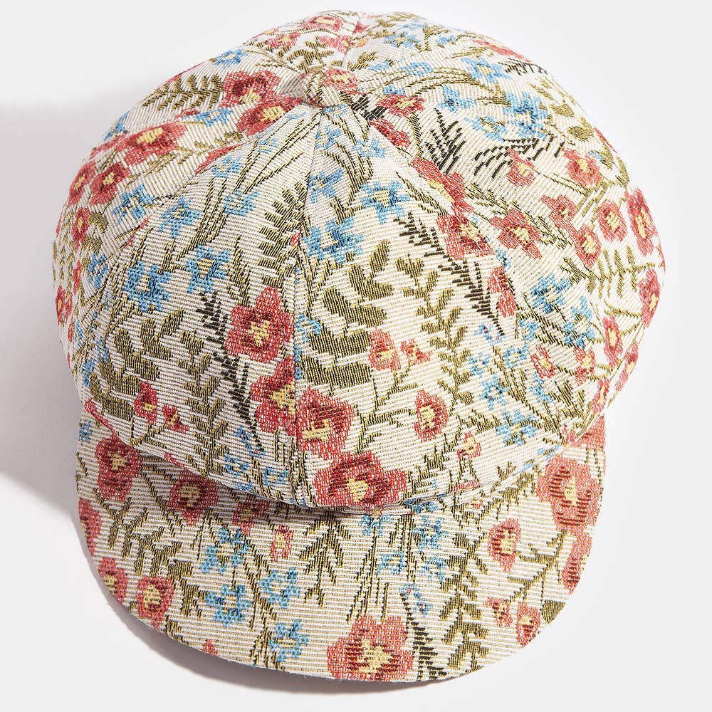 Floral tapestry newsboy cabbie hat by Collections by Fame Accessories with colorful floral pattern and classic newsboy style.