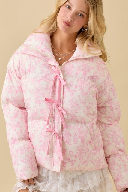 Vintage Horse Toile Print Puffer Jacket with Bows - Main Strip - RARA Boutique 