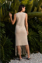 Cowrie shell fringe open-knit dress by RARA Boutique featuring a flowy design and coastal-inspired details.