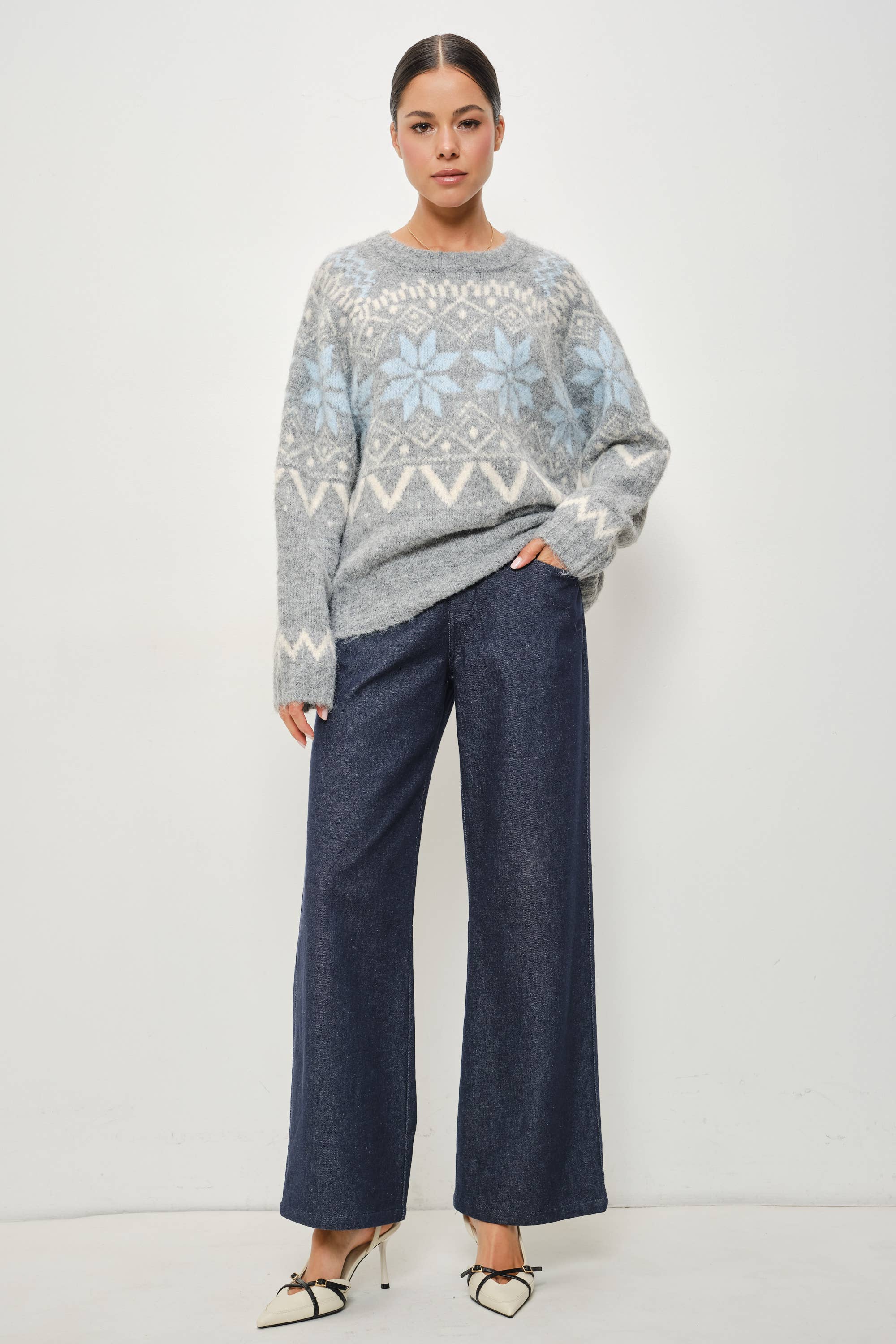Pretty Garbage RIA Faire Isle crewneck knitted pullover, featuring intricate patterns and cozy knit fabric in natural colors.