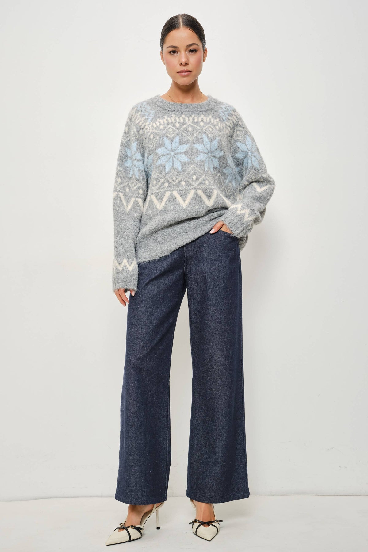 Pretty Garbage RIA Faire Isle crewneck knitted pullover, featuring intricate patterns and cozy knit fabric in natural colors.